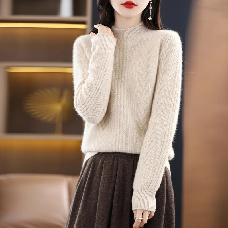 

100% Pure Wool Cashmere Women's Sweater Knitted Half High Collar Pullover South Korea Fashion Undercoat Women's Brand Top