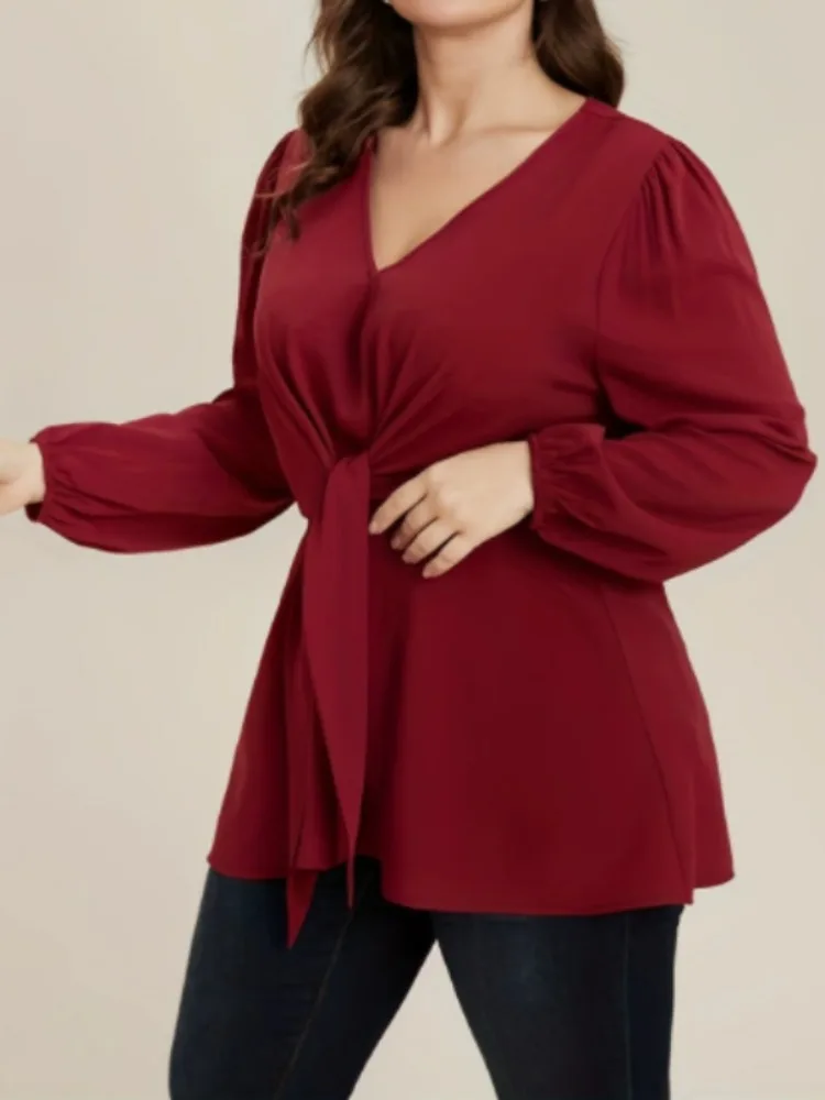 

Bonboho женская красная футболка с длинными рукавами, v-образным вырезом и завязкой на талии, свободная рубашка, топ, осень 202, блузка большого размера, пуловер