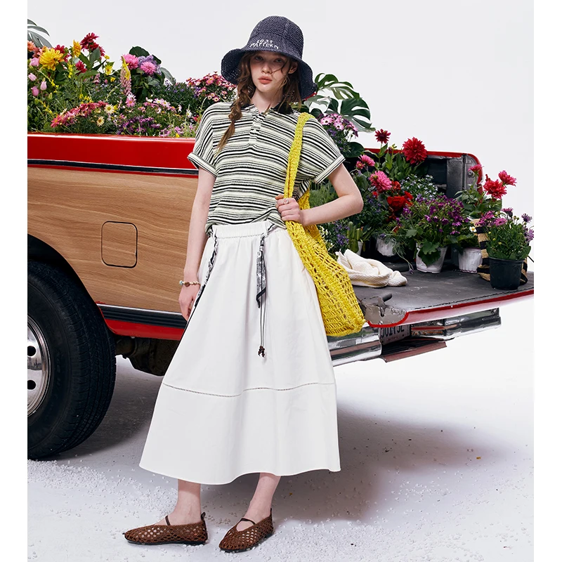 ELFSACK Striped Contrast Collar Polo Shirt, Casual Preppy Daily Wear for Women, Knit Slim Fit Short Sleeve Top