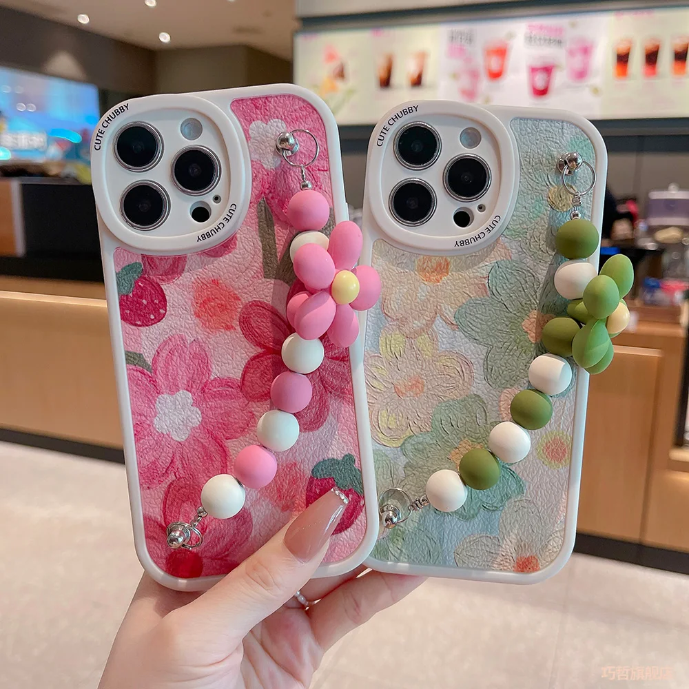 

Картина маслом, цветок, цепь телефона, раньше для IPhone15 14 13 11 12 Pro Max Mini X XR XS, Высококачественная задняя крышка, кожаный чехол