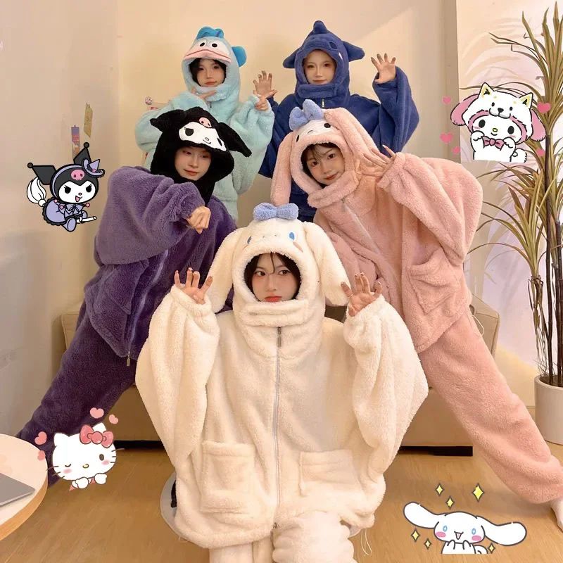 

New Sanrios Pajamas Set Women's Thickened Fall/winter Kuromi Cinnamoroll Cute Cartoon Loungewear Kawaii My Melody Girl Nightgown