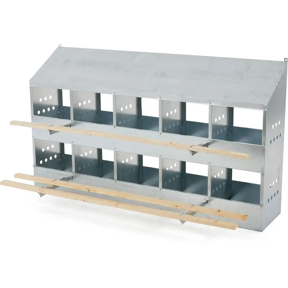 

2-Tier 10-Hole Galvanized Steel Chicken Nesting Box, 50 to 60 Hen Capacity – Outdoor Poultry Laying Station with Hinged Folding