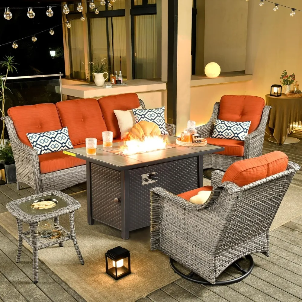 

Fire Pit Table with 5 Piece Patio Furniture, Wicker Coversation Set with Swivel Rocking Chair, Easy To Assemble, Fire Pits