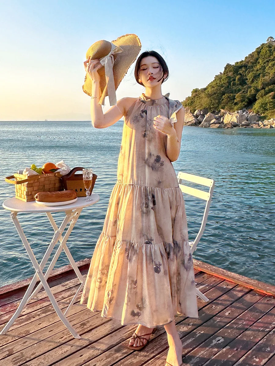 Women's Summer New Chinese Style Chiffon Tank Dress Medium-Length Elegant Design Sensibility Skirt Fashionable Dresses C172