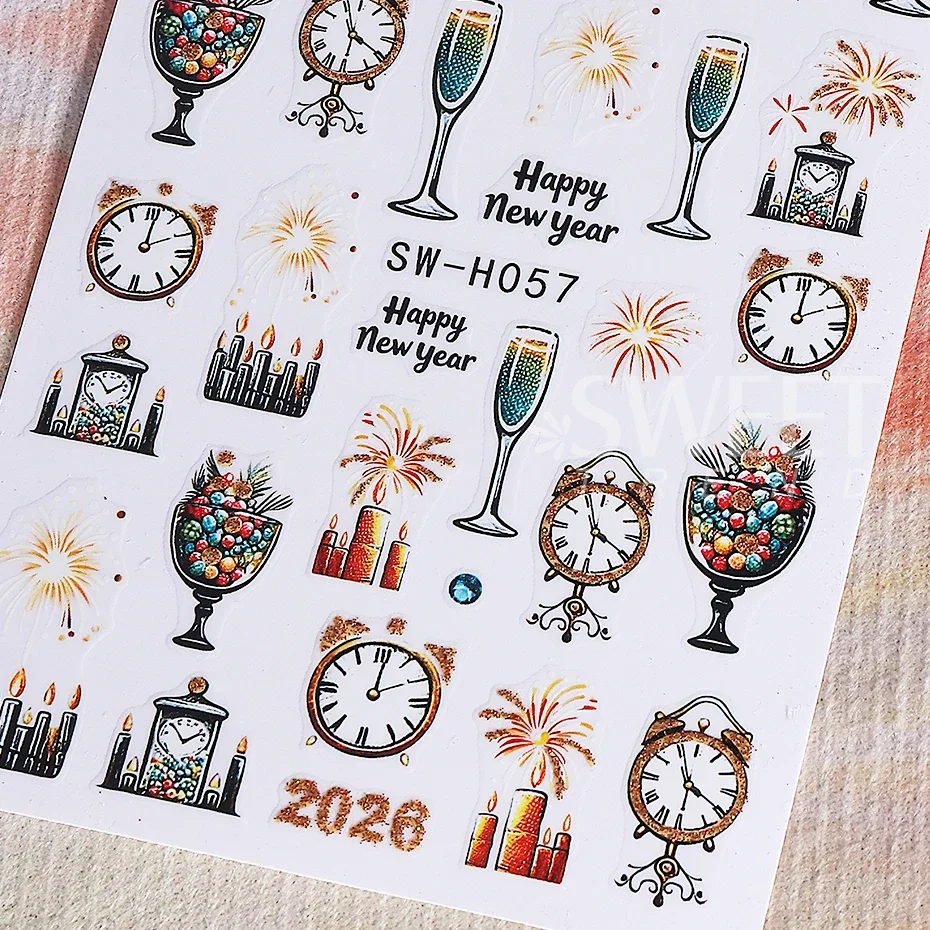 2 pezzi adesivi per unghie natalizi glitter oro fuochi d'artificio champagne 2026 orologio design fiocco capodanno cursori per unghie decalcomanie manicure decor