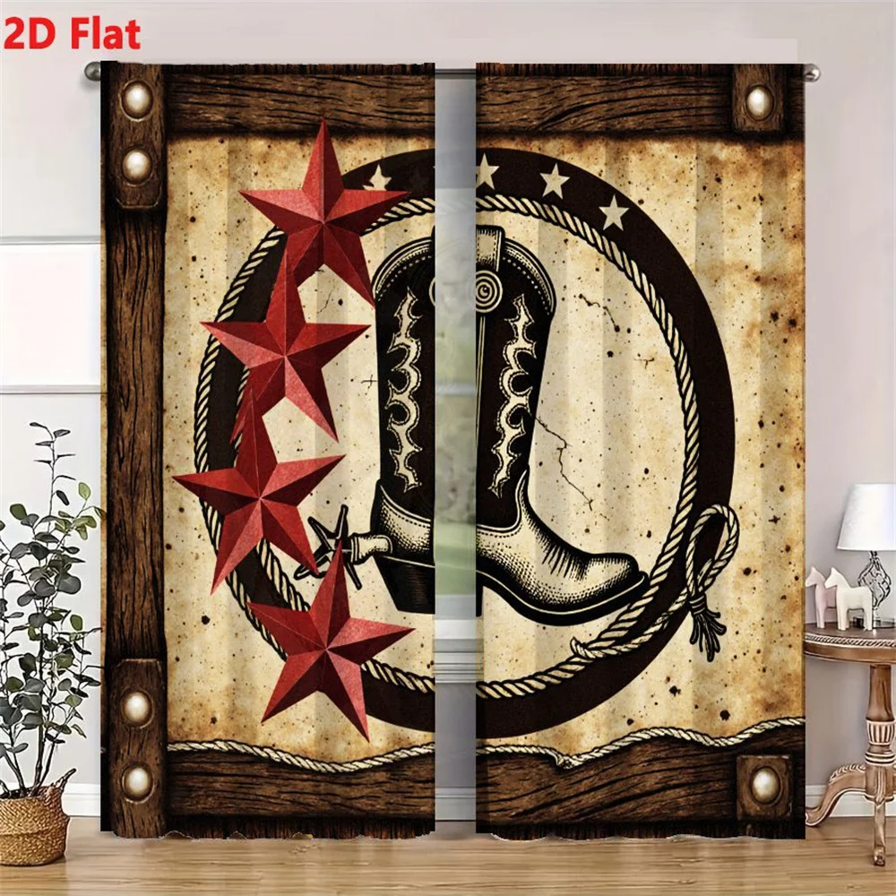 2Pcs Curtains 2D Flat WESTERN COWBOY BOOT DECORATIVE GRAPHIC RUSTIC BLACK WHITE ILLUSTRATION WITH ROPING STARS TEXTURED AGED PAP 4