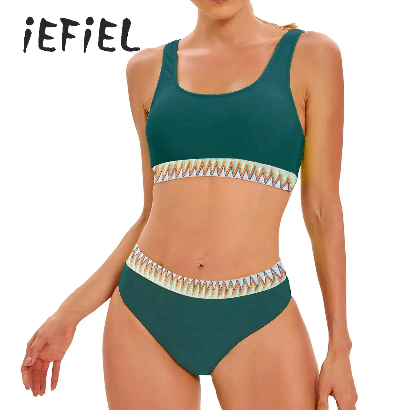 

New Vest Bikini Set Short Swimsuit Women Two Piece Crop Top and Briefs Swimwear Color Block Swimming Bathing Swim Suit Beachwear