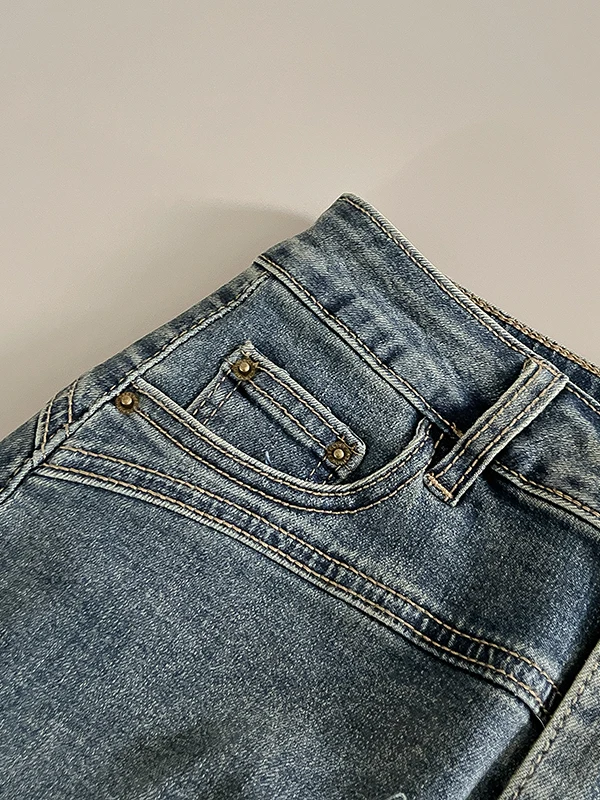 Deep Blue Retro Denim A-Line  Skirt High Waist Women's Faion Commute Sle Cotton Blend ort Skirts for Summer