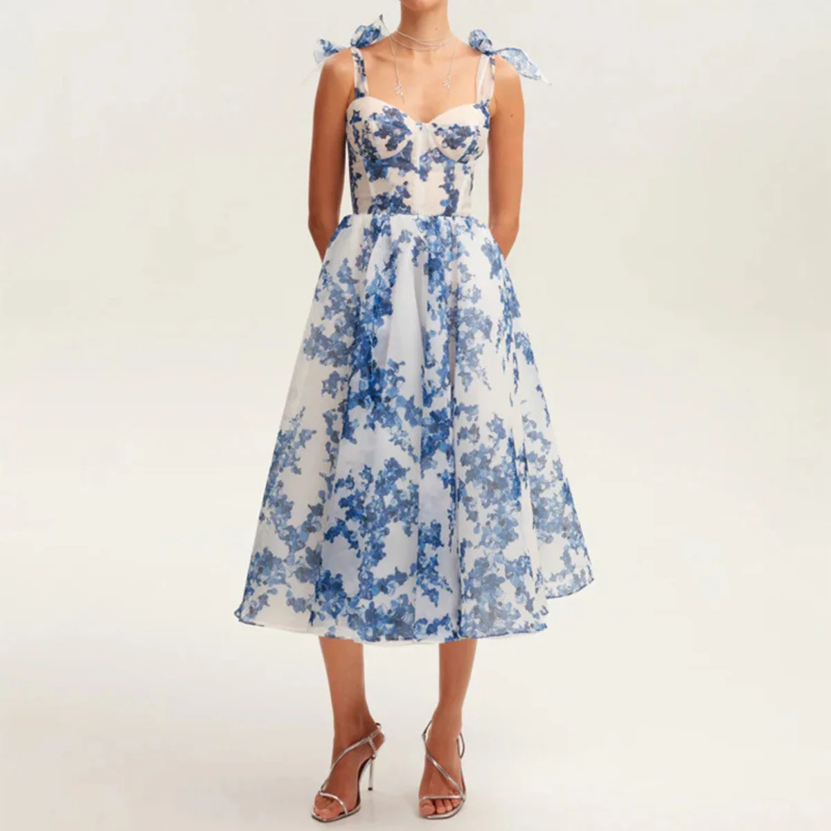 플로럴 프린트 백리스 드레스 여성용 2025 여름 스파게티 스트랩 파티 러플 A라인 드레스 패션 여성 비치 보헤미안 가운