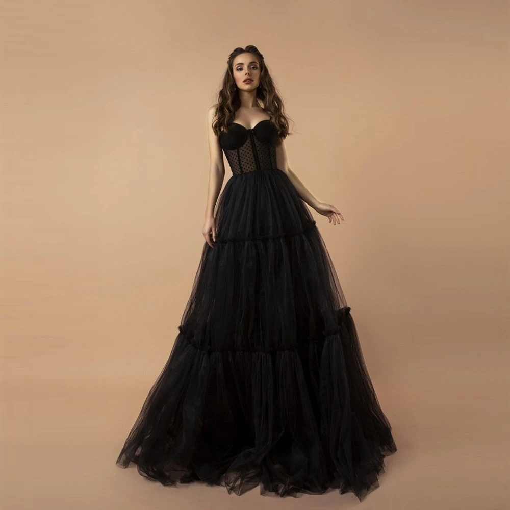 BridalAffair Modern Black Dotted Tulle Evening Dress Sweetheart Corset Long Party Dress A Line Maxi Christmas Evening Gown 2022