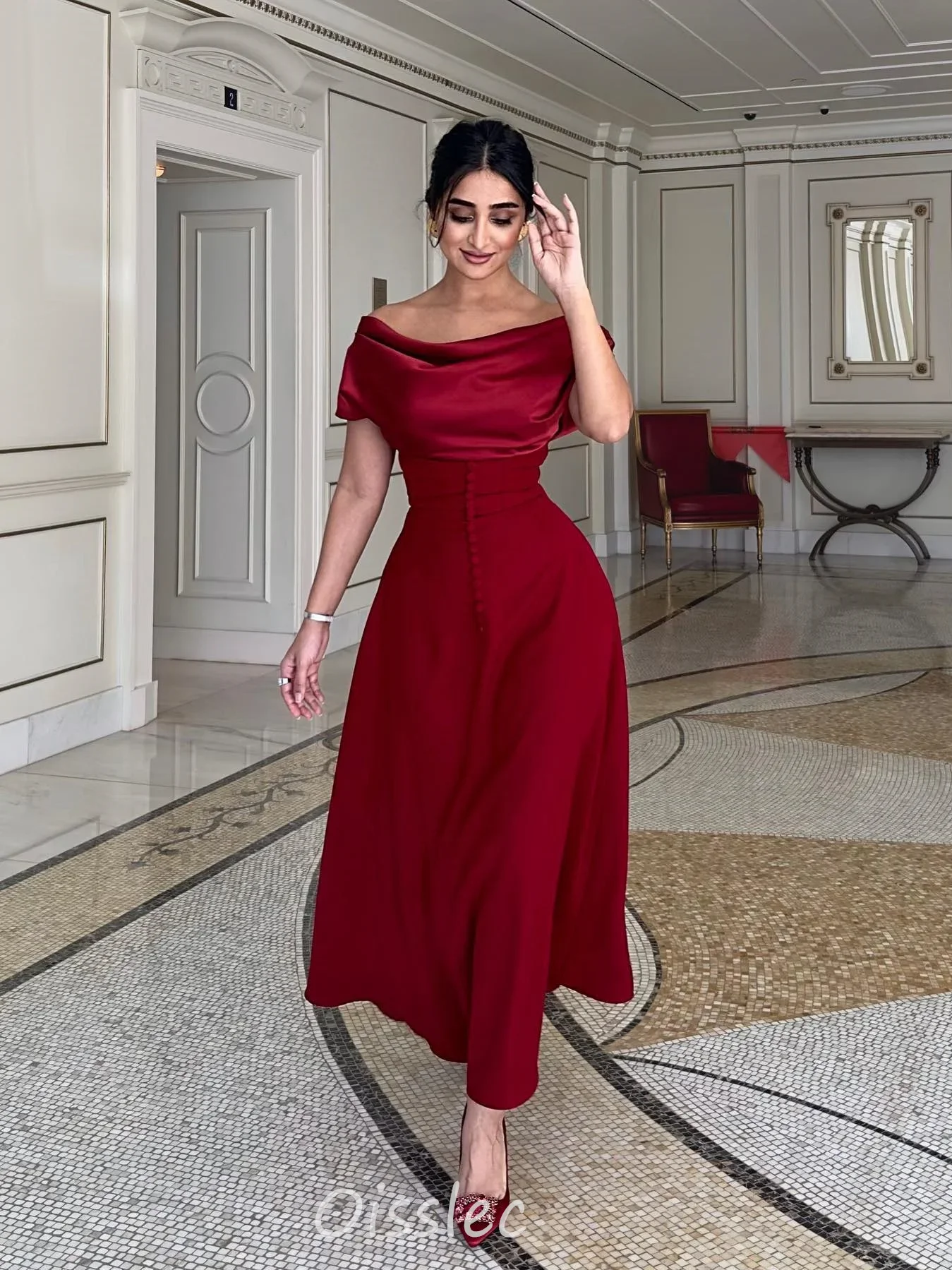 

Oisslec Burgundy Evening Dresses Off Shoulder Button Saudi Arabia Women Wear A Line Prom Party Vestidos De Noche