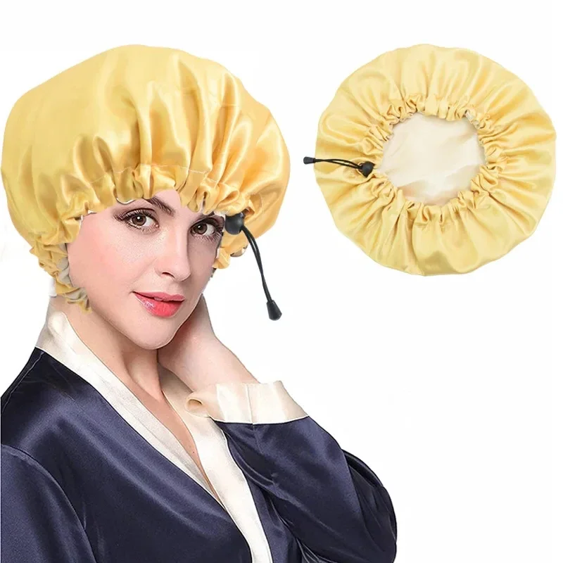 Hot Women's Solid Double Bed Cap Upgrade Adjustable Women's Oil Bath Night Cap Soft Silk Double Bath Chemo Hair Wrap Hair Bonnet