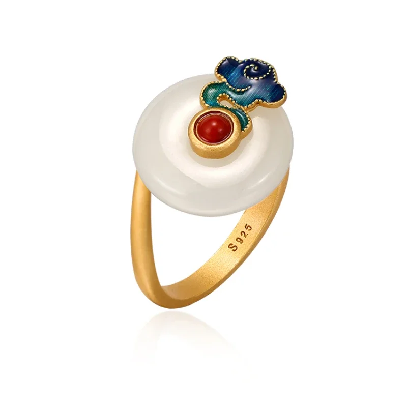 

Ring women's sterling silver niche high sense Hetian jade safety buckle retro style
