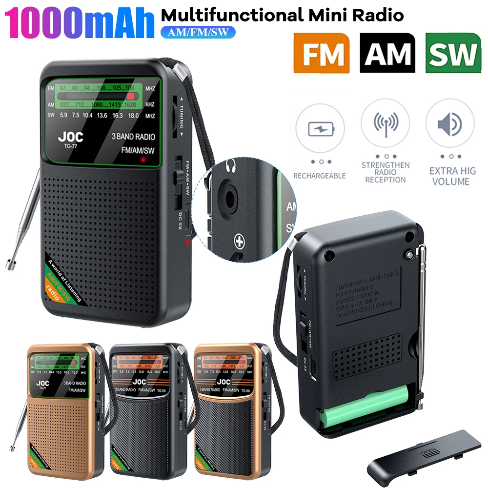 Portable Mini Radio FM AM SW Full Band Pocket Radio Built-in Stereo Speaker Type-C Rechargeable Multifunctional Radio Receiver