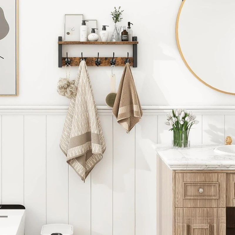 لوازم الحمام المخصصة المطبخ الخشب الصلب الحفر تخزين الرف حمالة تعليق جدارية مع 5 خطاف لتخزين ديكور المنزل حمالة تعليق جدارية #5