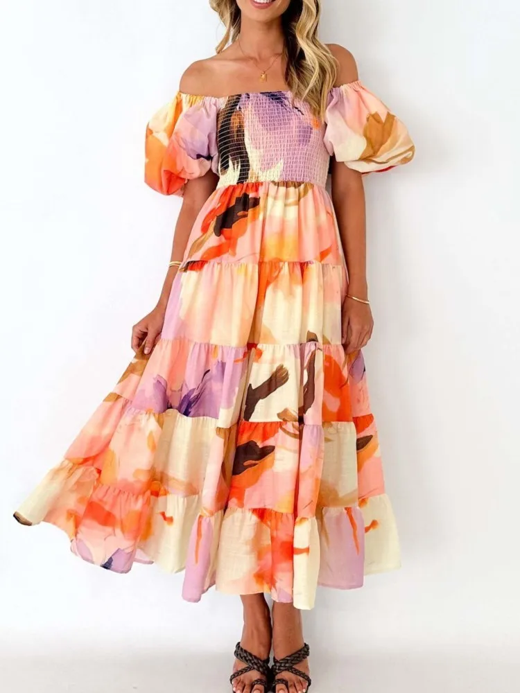 

2026 Summer New Temperament Elegant Dress Women's Vacation Style One-shoulder Puff Sleeve High-waisted Loose Casual Dresses