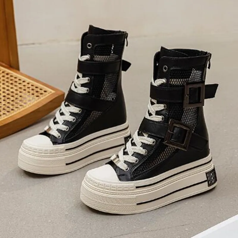 

Fashion 12CM Hollow Genuine Leather Summer Breathable Buckle Wedge Platform Wedge ZIP Sandals Casual Knee High Ankle Boots Shoes