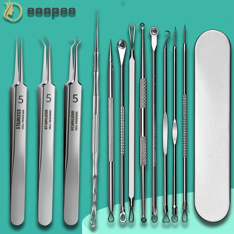 Pinça de cravo profissional, removedor de acne, alemão, ultra fino, n ° 5, espinhas celulares, poros faciais, ferramenta de limpeza, 11 pcs