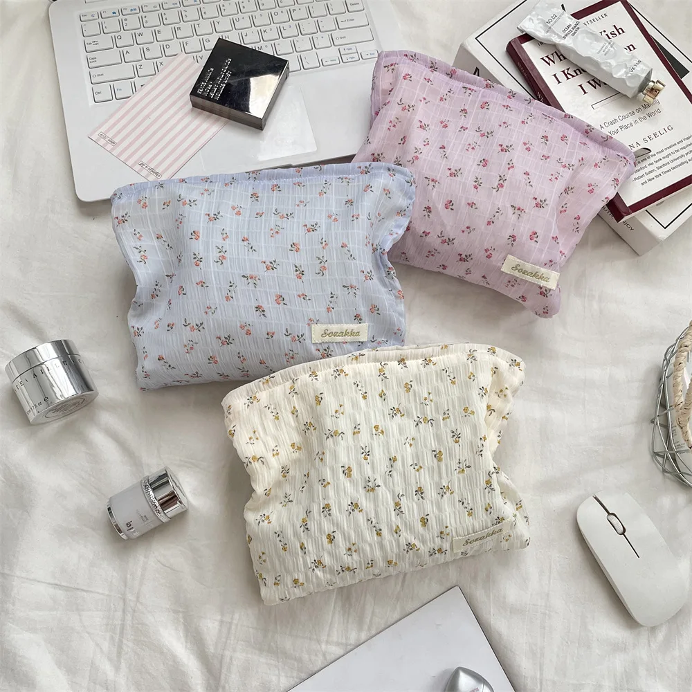 Floral Cosmetic Pouch Cherry Lightweight Sheer Makeup Bag Coquette Portable Travel Skincare Wash Bag for Women Girls