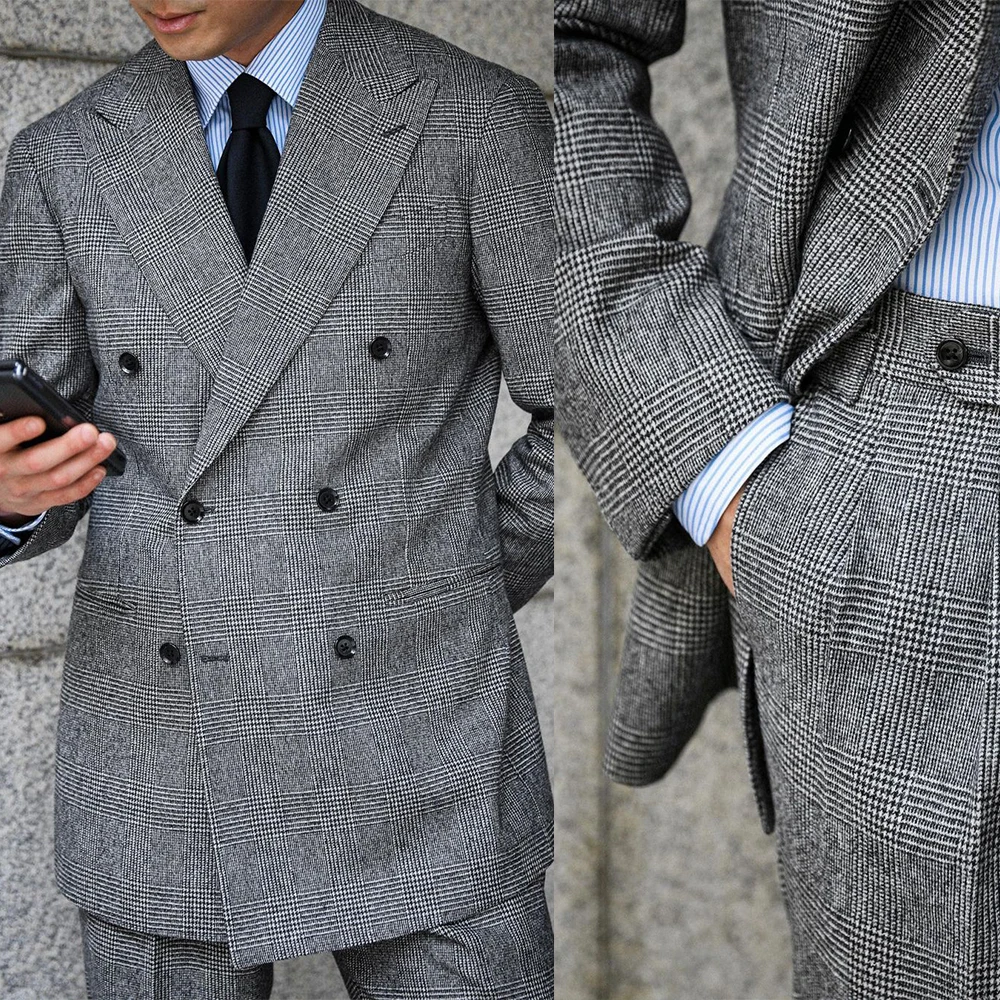 Business Plaid Men Suit 2 Pieces Blazer Double Breasted Gentle Jacket Wedding Groom Causal Prom Customized trajes para hombre