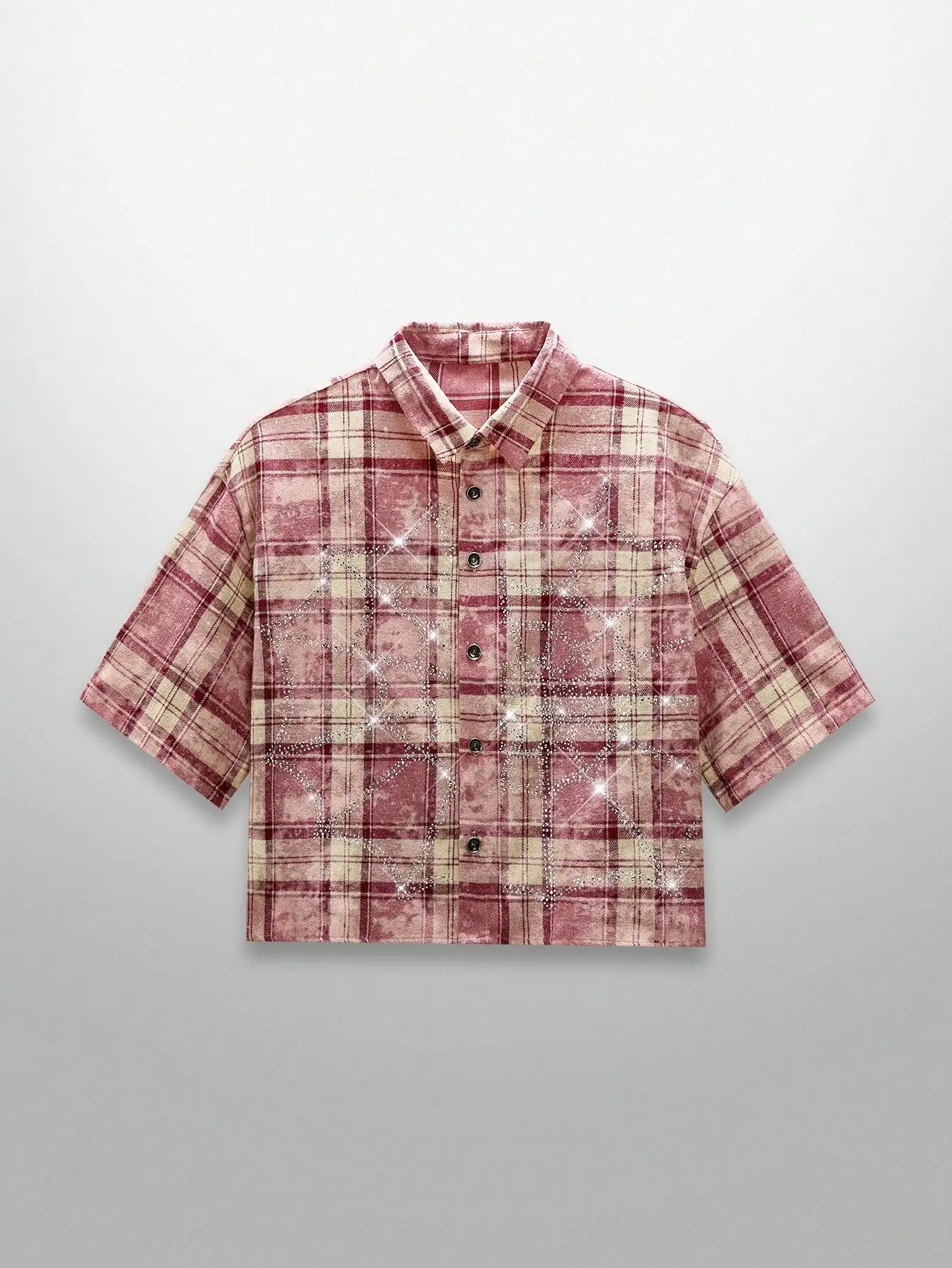 

Men's Distressed Plaid Short Sleeve Shirt with Sparkle Web Pattern