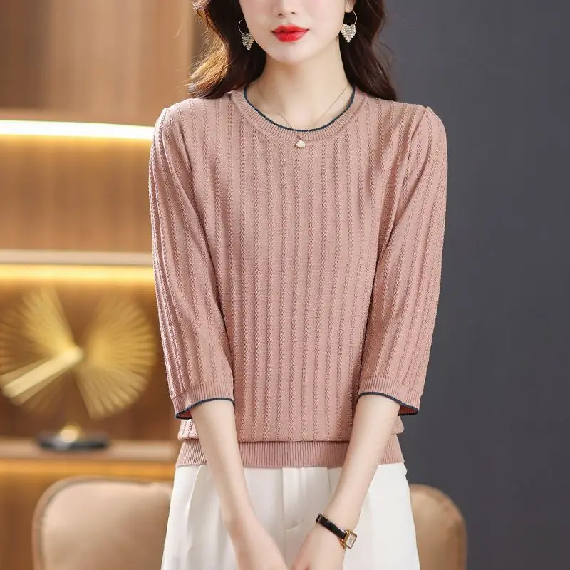 Spring Summer Thin Women's Clothing Solid Color Knitted Round Neck Commute Simplicity Three Quarter Loose Casual Korean T-shirt