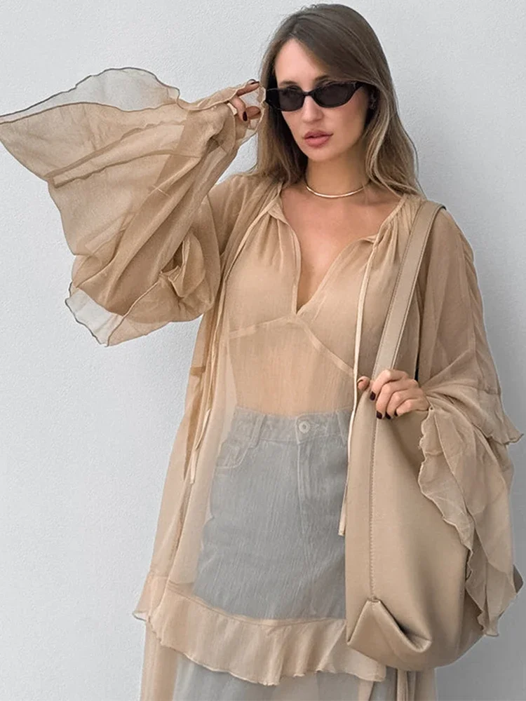 Trendix Fashion Oversized Cover Up Dress Women 2025 V Neck Loose Streetwear Casual Long Sleeve Maxi Dress Femme Ruffle Dresses - Image 4