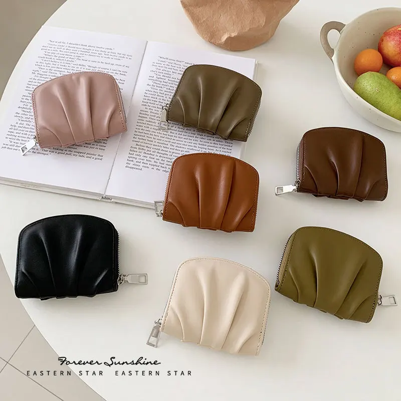 Simple Fashion Wrinkle Women's Wallet Pure Color Cute Mini Pleated Shell Zipper Coin Purse Cards Holder Leather Clutch for Girls