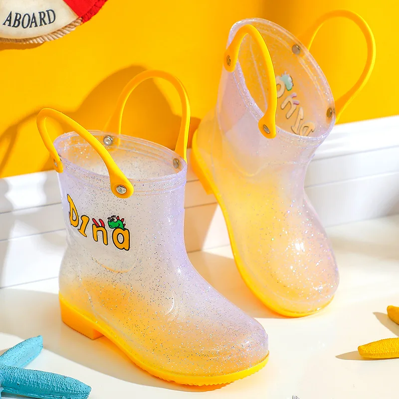 Unisex Children Shoe Waterproof Rain Boots with Easy Pull on Handles Perfect Lightweight Boots for Kids Transparent Rubber Boots
