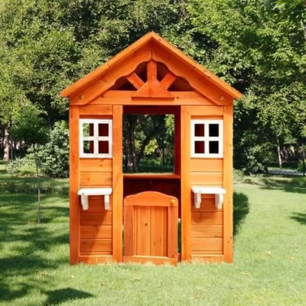 

Outdoor Playhouse for Age 3-6 Years Boys Girls, Wood Cottage Playhouse with Door Windows Flowerpot Holders & Serving Station