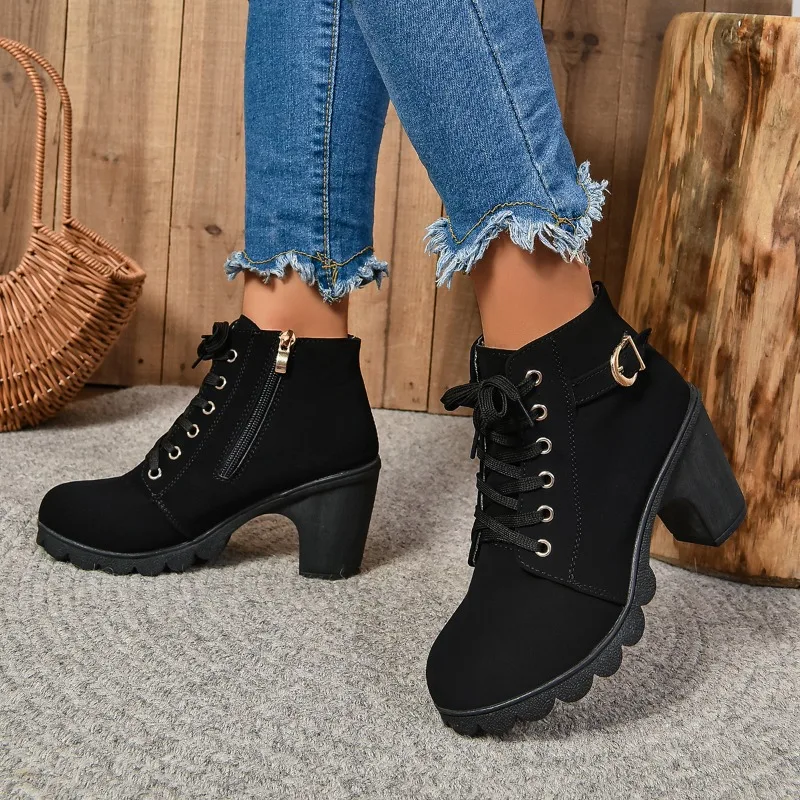 2024 New Spring Winter Women Pumps Boots High Quality Lace-up European Ladies Shoes PU High Heels Boots Fast Delivery