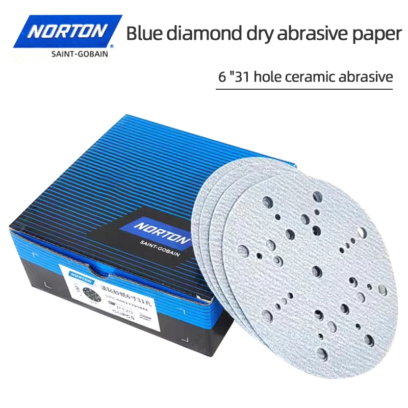 

50 шт. Norton Blue Diamond, 6 дюймов, 31 отверстия, 150 мм, сухая наждачная бумага, круглая шлифовальная шпатлевка, аэрозольная краска, полировка