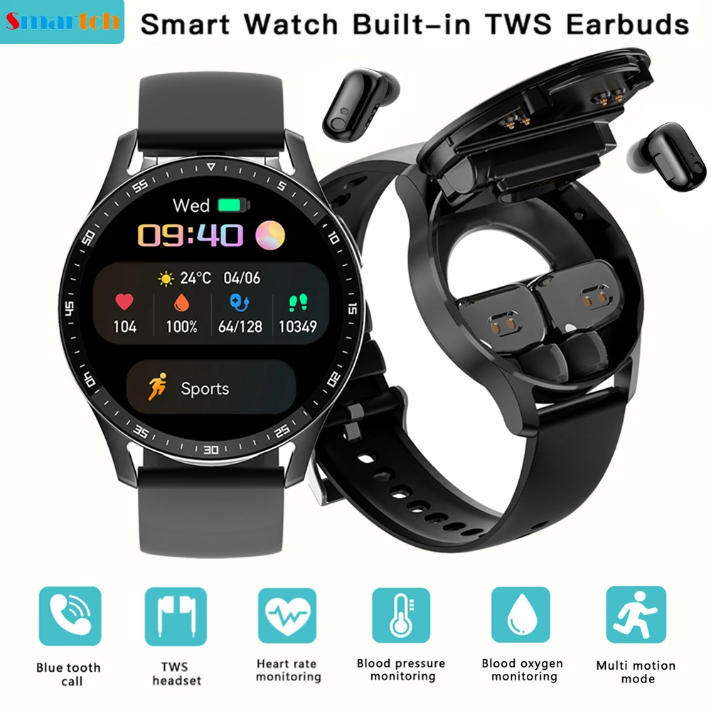 New Men 2 In1 TWS Earphone Blue Tooth Call Smartwatch Sports Music Heart Rate Wireless Headphone Women Smart Watches waterproof