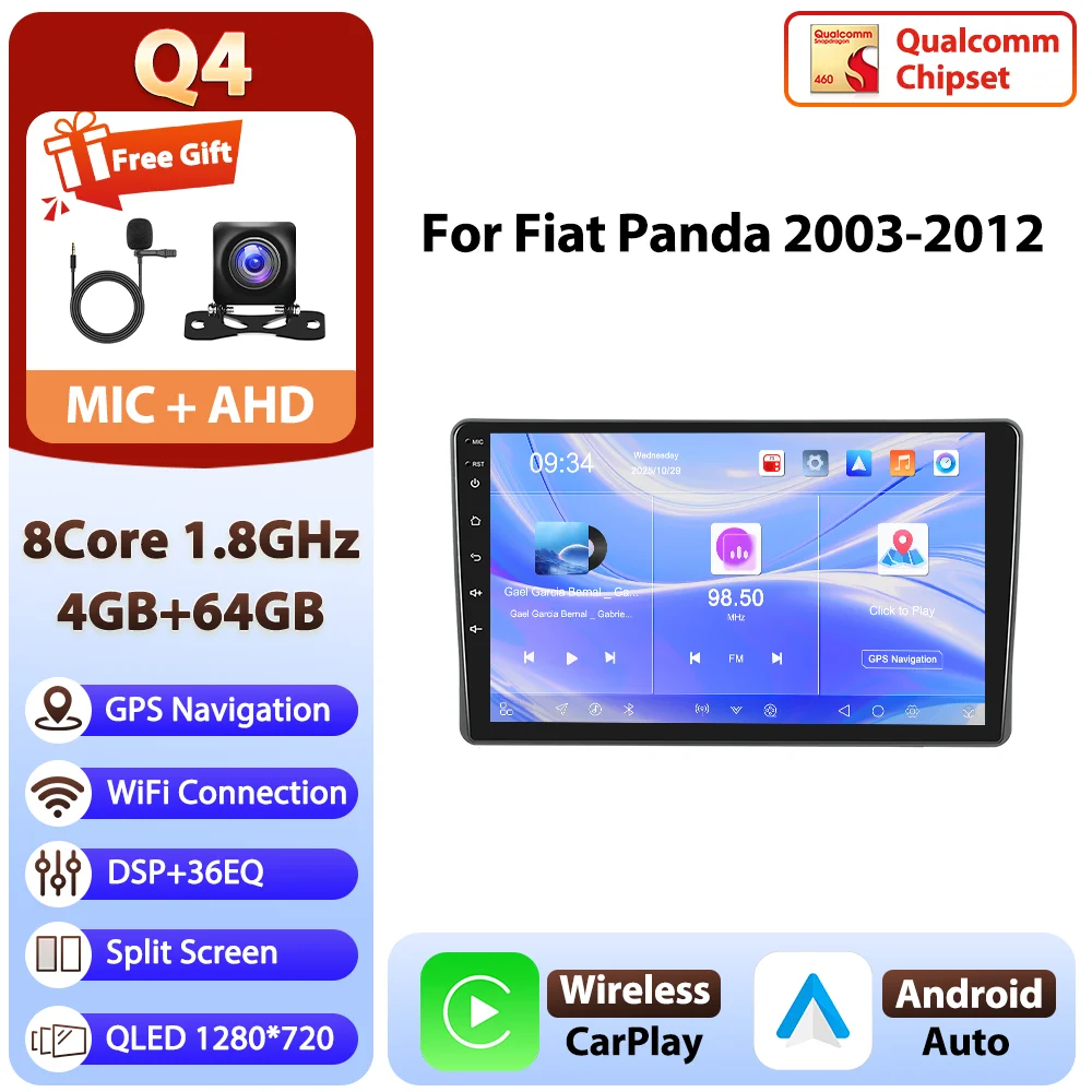Podofo Android 9 inch 8-core 8+128GB autoradio voor Fiat Panda 2003-2012 met 4G WIFI, multimediaspeler, GPS, AM/FM/RDS