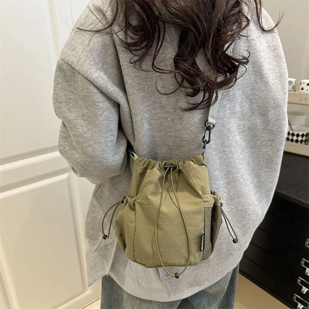

Korean Style Drawstring Bucket Bag Purse Solid Color Nylon Shoulder Bag Mobile Phone Bag Handbag Small Crossbody Bag Outdoor