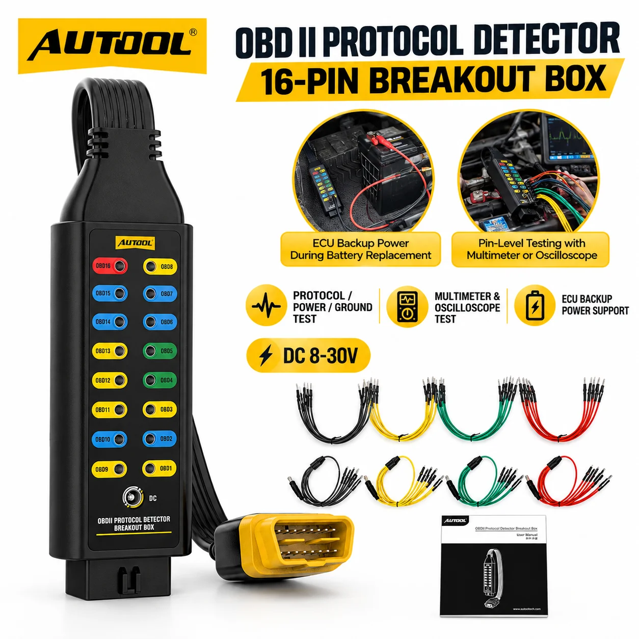 AUTOOL Rilevatore di protocollo OBD II, Breakout Box 16 pin, Strumento diagnostico CAN, Tester di circuiti di protocollo di alimentazione a terra con Jumper