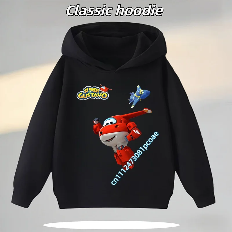 Super Wings Boys' Sports Shirt, Girls' Casual Top, Children's Hooded Sweatshirt, Cartoon Print, Autumn/Winter Long-Sleeve