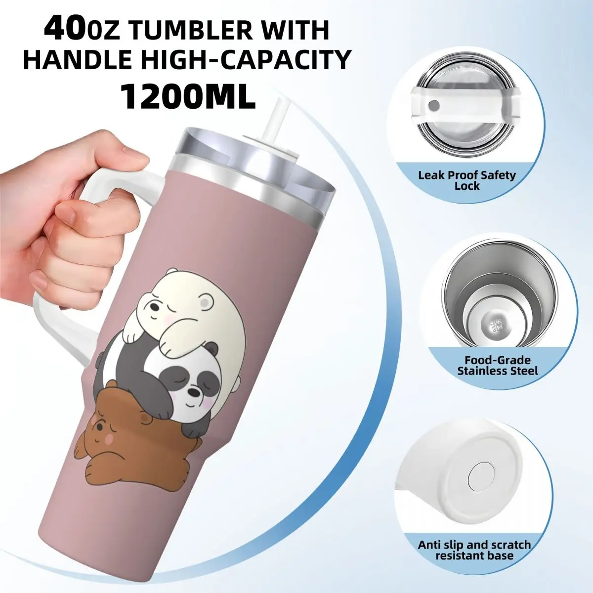 We Bare Bears Kawaii Sleep Stainless Steel Tumbler Beach Thermal Cups With Straws and Lid Large Car Mugs Hot Drinks Water Bottle