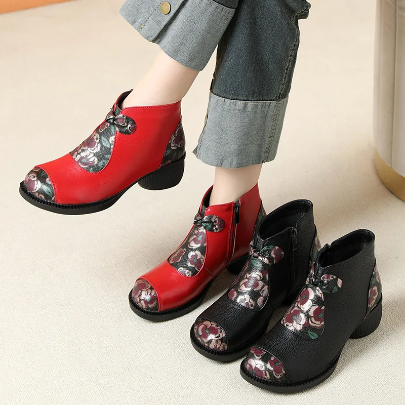 

GKTINOO Ethnic Style Mother Shoes Genuine Leather Women's Short Boots 2026 Autumn Winter Round Toe Soft Sole Thick Heels Boots
