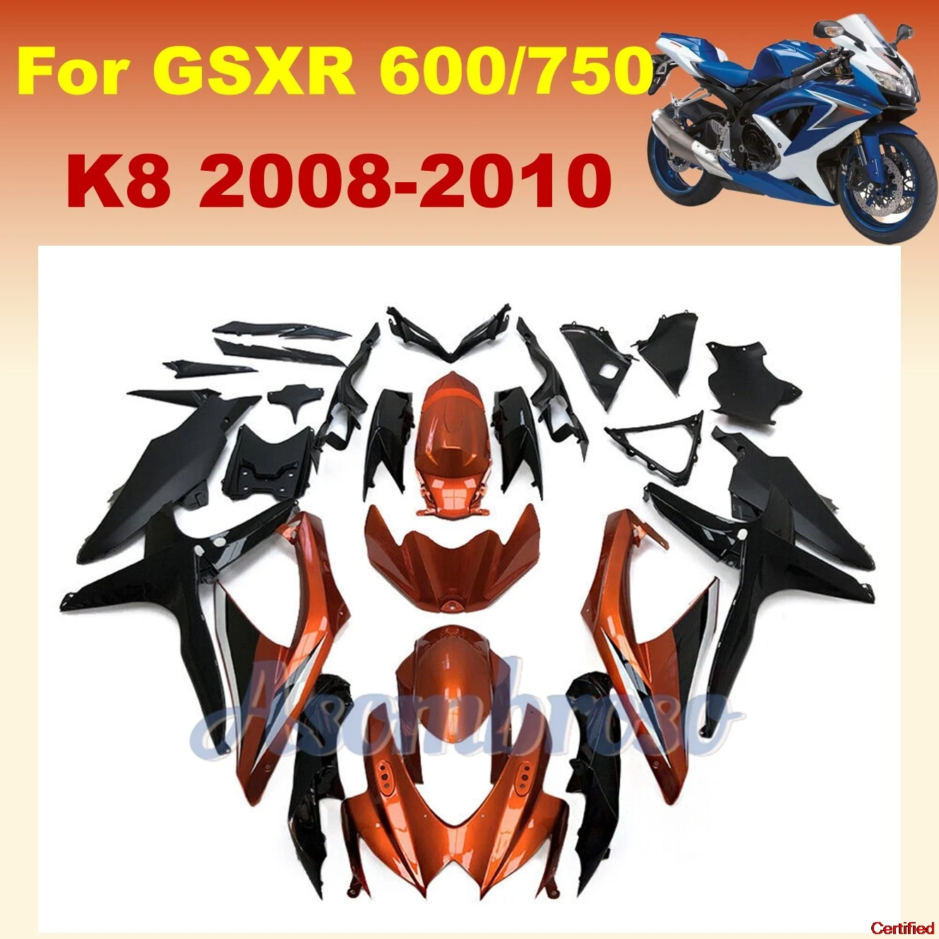 

100% Fairing kit For GSXR 600 750 K8 2008 2009 2010 GSXR600 08-10 GSXR750 Orange Black Bodywork Cowling
