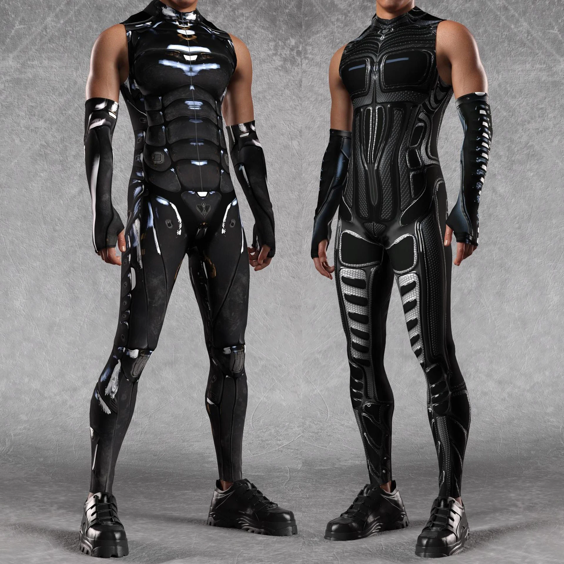 

Men's Steampunk Cosplay Armor Robot Costume Stretch Tights Cyberpunk Mechanical Armor Bodysuit Halloween Party Sleeves Jumpsuit