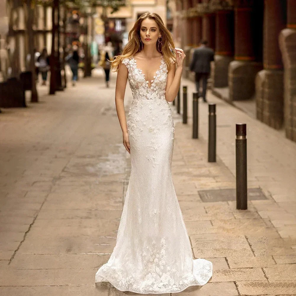 

CustomizedElegant Princess Mermaid Wedding Dress V-neck Sleeveless Lace Tulle Applique Bridal Gown Floor Length Ball Gown2025