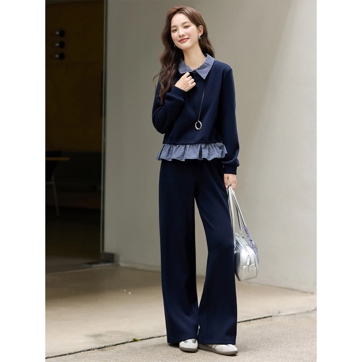 

VIMLY Navy Blue Women Pant Suits Sports Winter 2025 Plaid Spliced Turn-down Neck Tops Knitted Wide Leg Pants 2 Piece Sets A3198