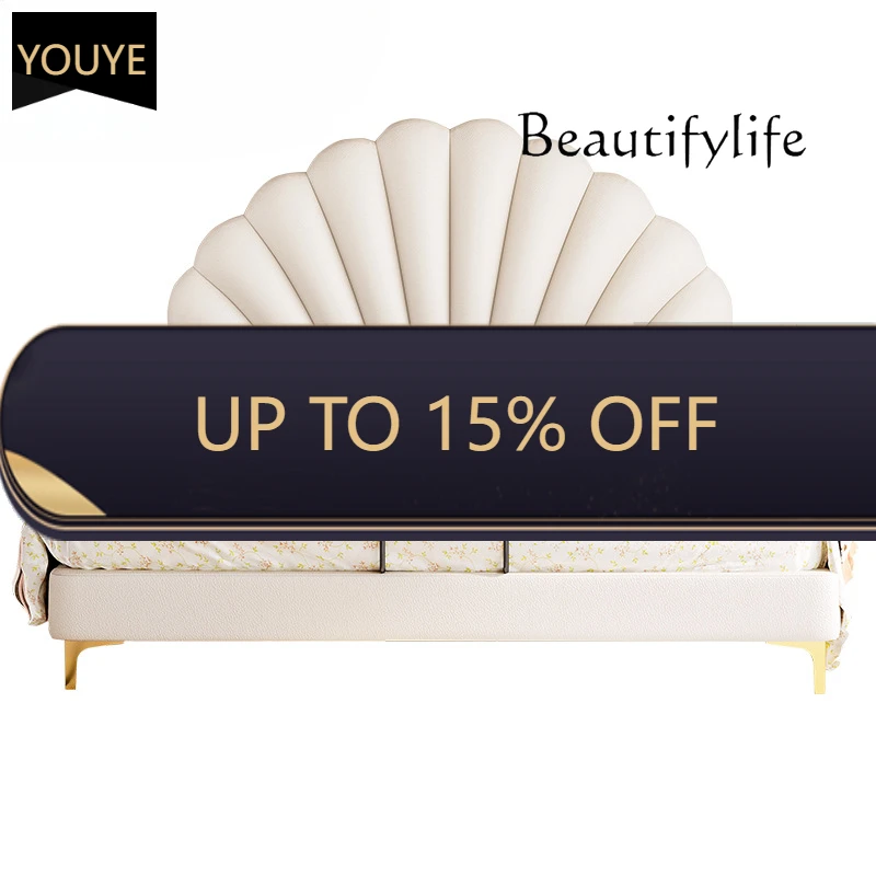 

European Cream Wind Leather Art Bed Bedroom Modern Simple Beech Double Bed X