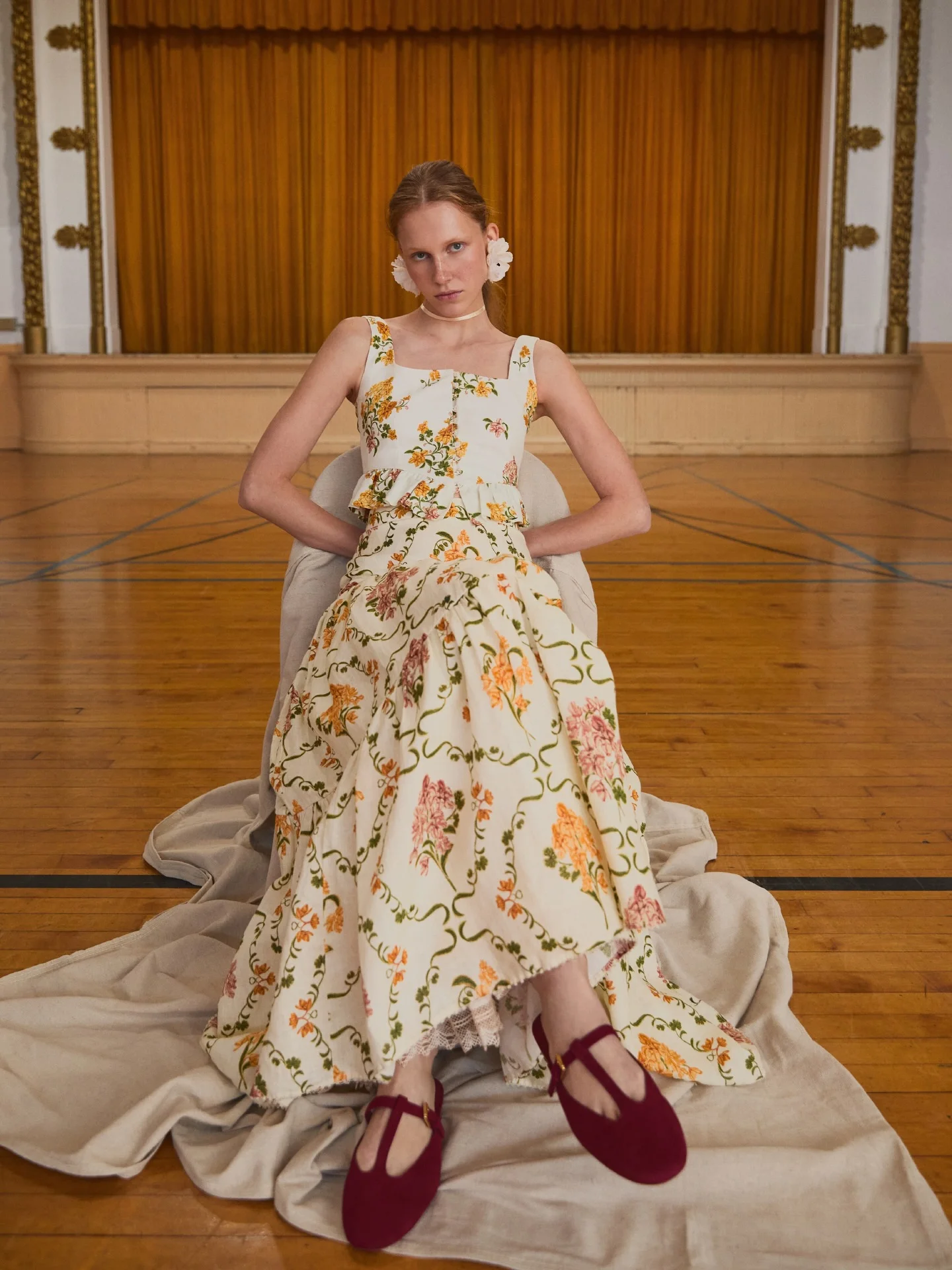 Women Elegant Flower Print Exquisite Lace Trim 100% Linen Long Skirt