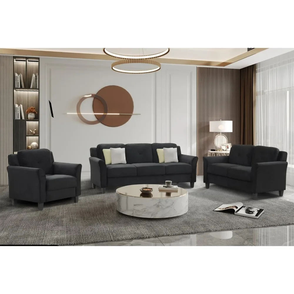 3 Piece Living Room Sofa Set, including 3 Seat Sofa, 2 Person Love Seat, Single Sofa Chair, Modern Polyester Fabric Sofa