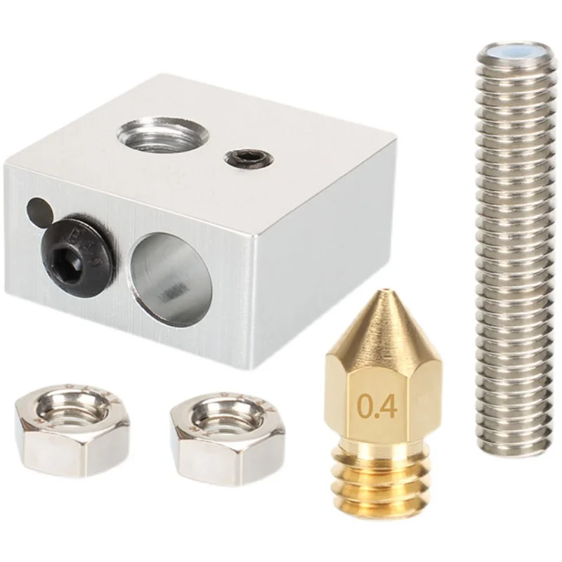 3D Printer Accessory: Aluminum Heating Block, 1.75mm Filament Threaded Tube, 0.4mm Nozzle & Wrench Set