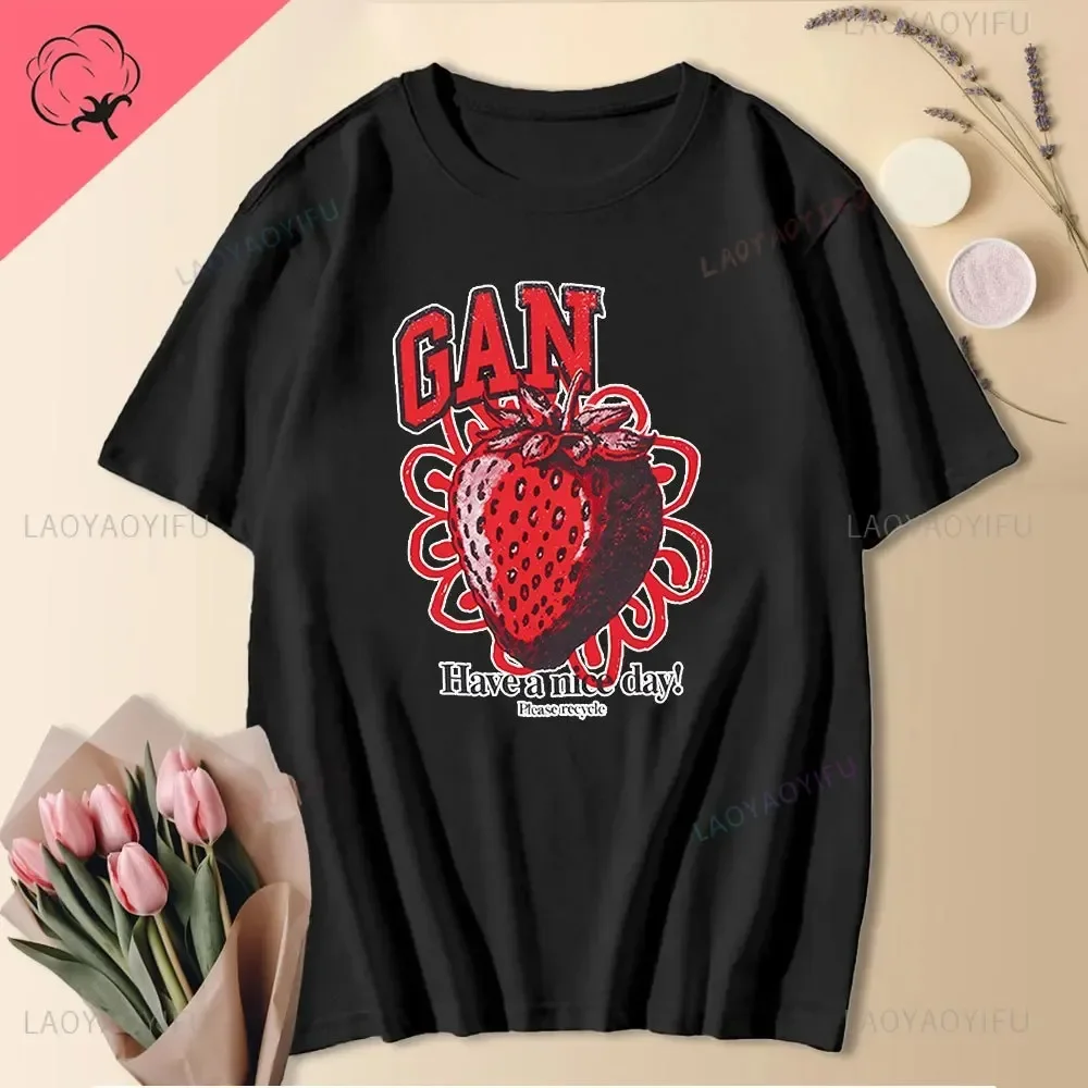 Strawberry Pattern Cotton T-shirt Alphabet Print Casual T-shirt Vintage Fashion Clothes Harajuku Summer Comfort Unisex T-shirts