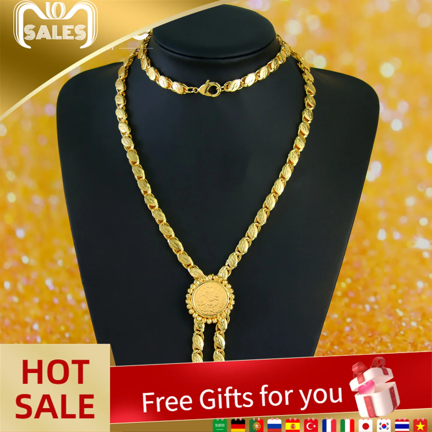 

Luxury Arabic Gold Color Long Necklace 24k Gold Plated Turkish Fashion Chokers Dubai Islamic Women Wedding Party Chic Jewelry