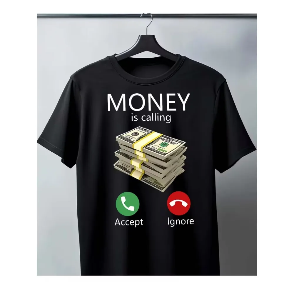 Money Is Calling Print T-shirt Funny Cash and Phone Call Graphic Short Sleeve Round Neck Casual Tops Humor Daily Essential Tee